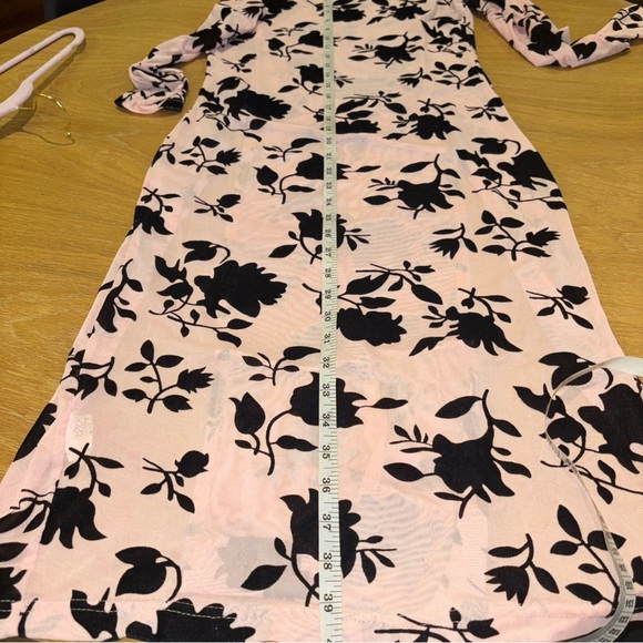 CBR SHEER DRESS MED. PINK W  BLACK FLORAL MIDI THIGH HIGH SLITS  HIGHCOLLAR NECK - Picture 14 of 14
